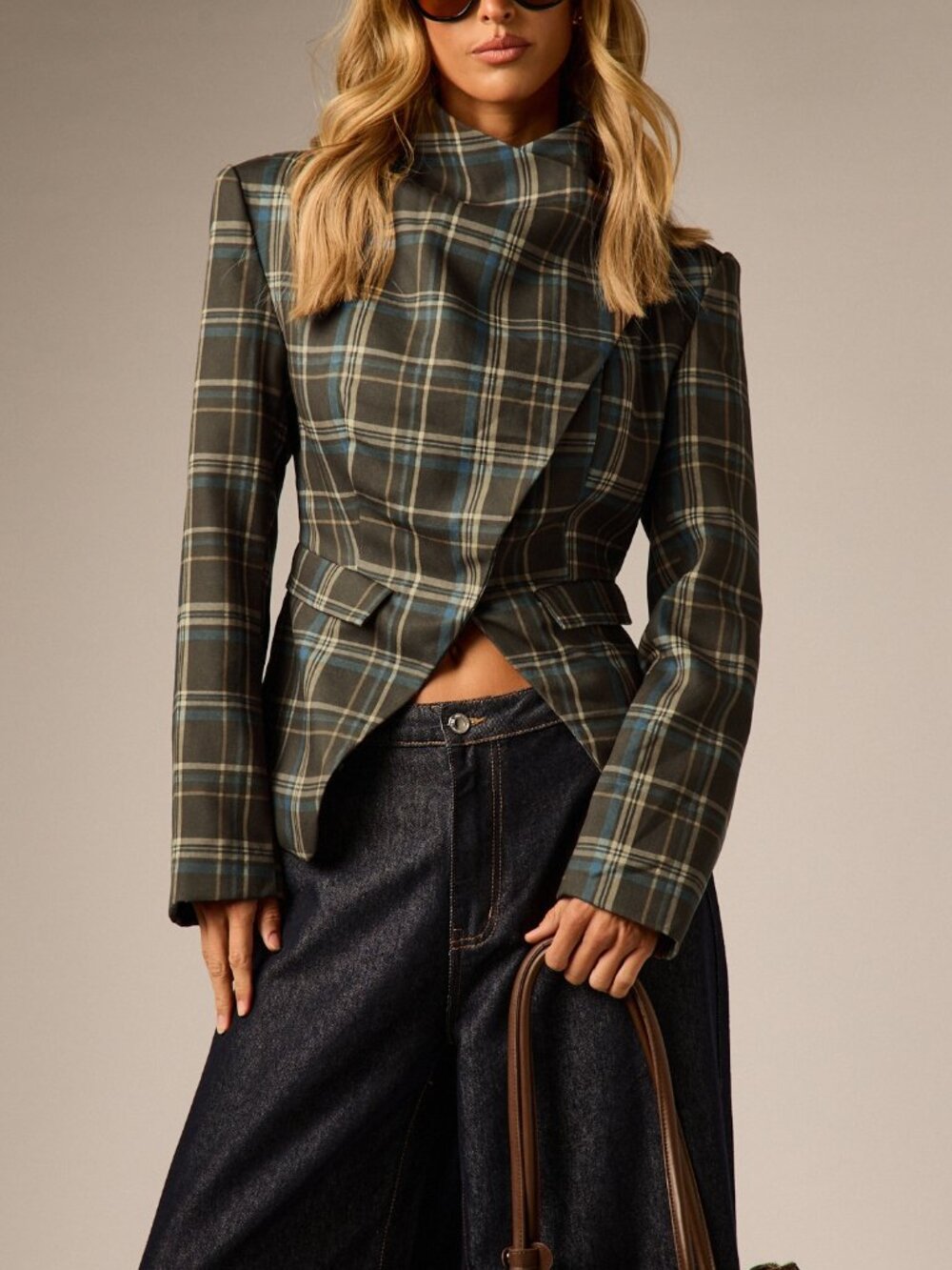 Multicolor Casual Women's Asymmetrical Button Plaid Blazer Jacket